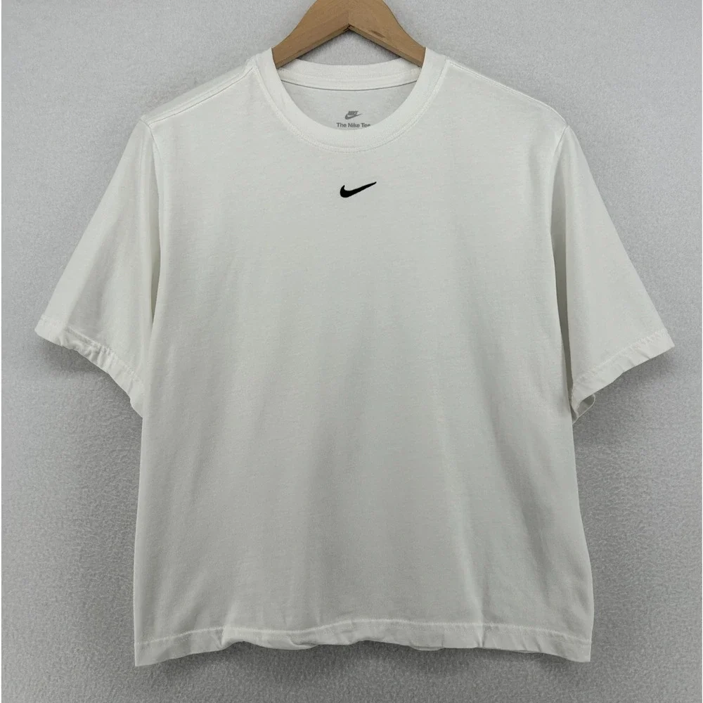 NIKE Top Womens M NSW Essential Boxy Center Swoosh Loose Fit Short Sleeve White